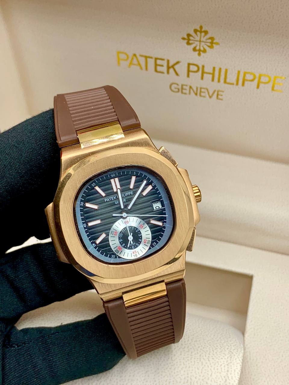 Luxury Nautilus Style Brown Rubber Strap Watch