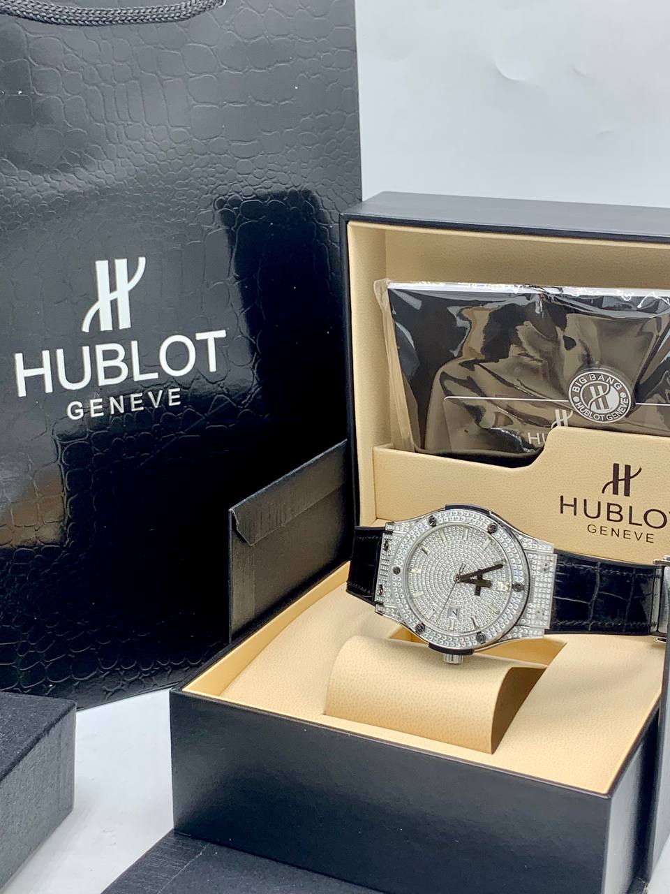 Hublot Diamond Bezel Black Leather Luxury Watch