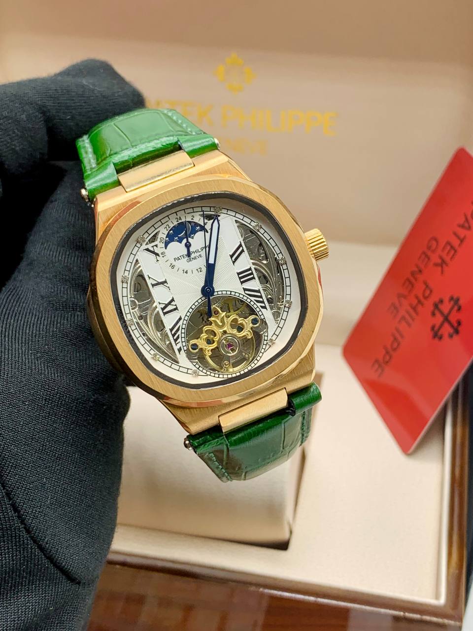 Patek Philippe Skeleton Green Strap Watch