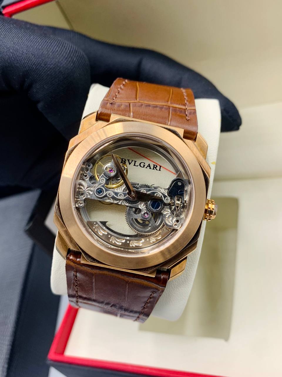 Bvlgari Skeleton Leather Strap Watch