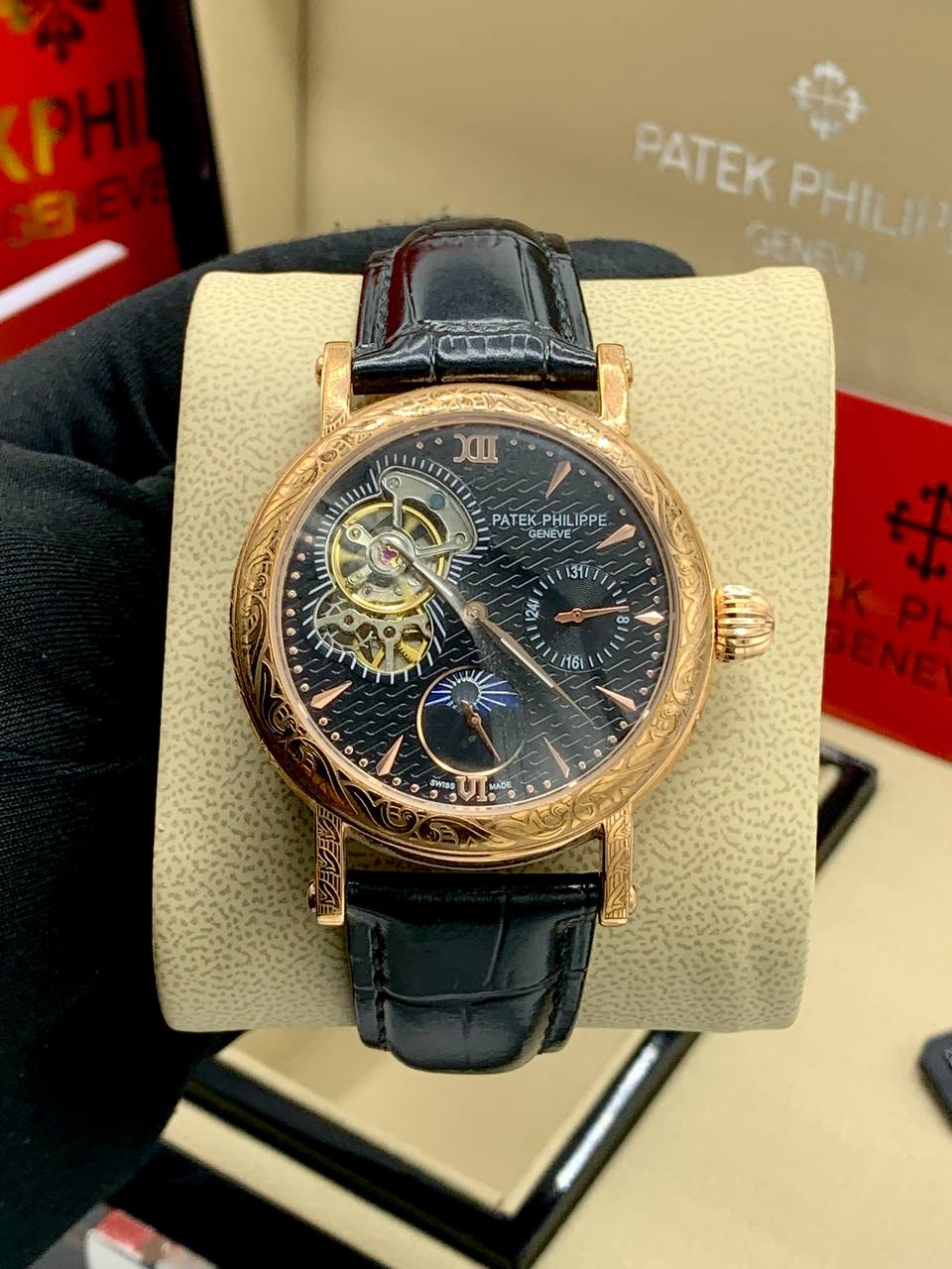 Patek Philippe Tourbillon Moonphase Leather Strap Watch