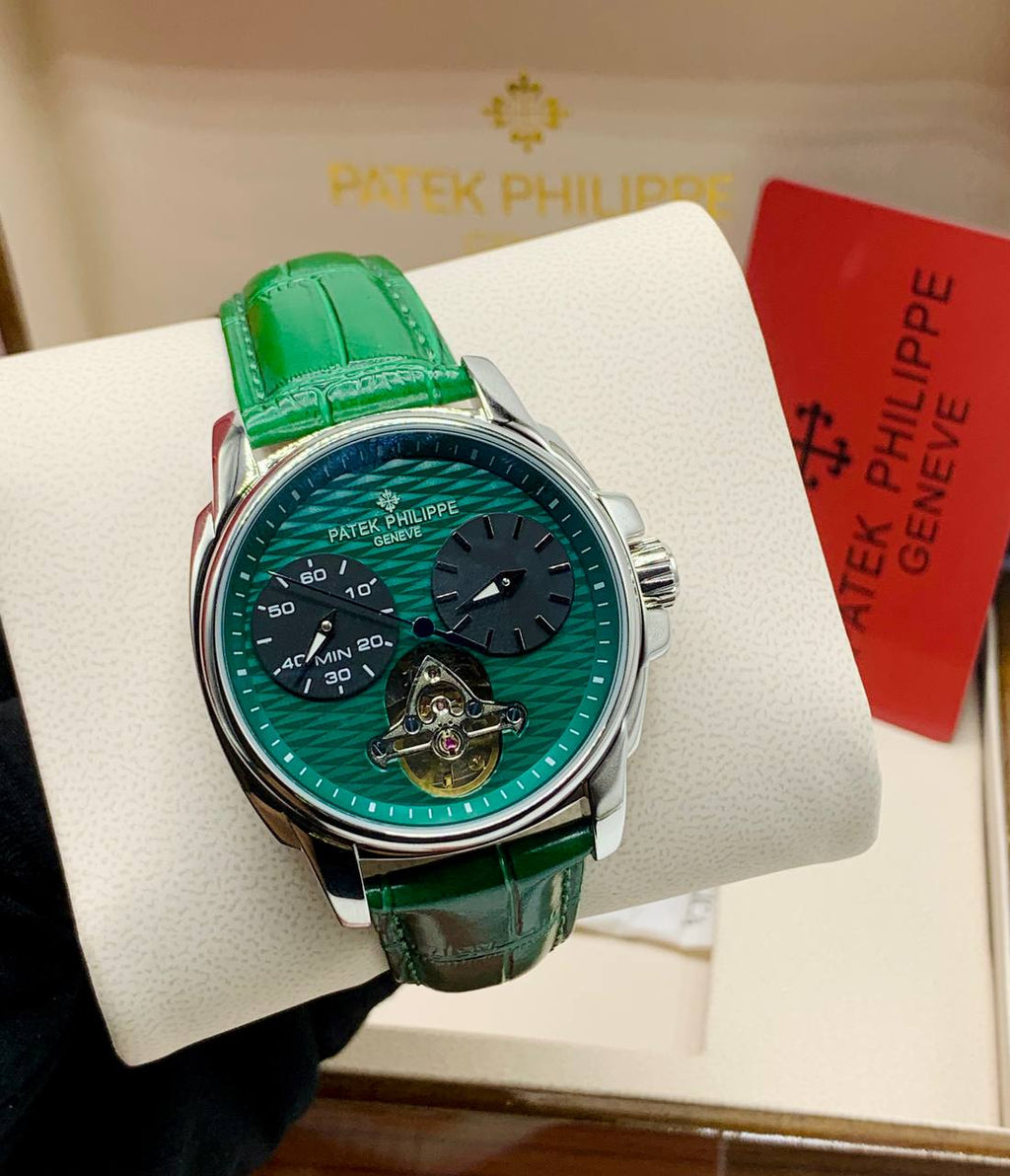 Patek Philippe Tourbillon Green Dial Leather Strap Watch