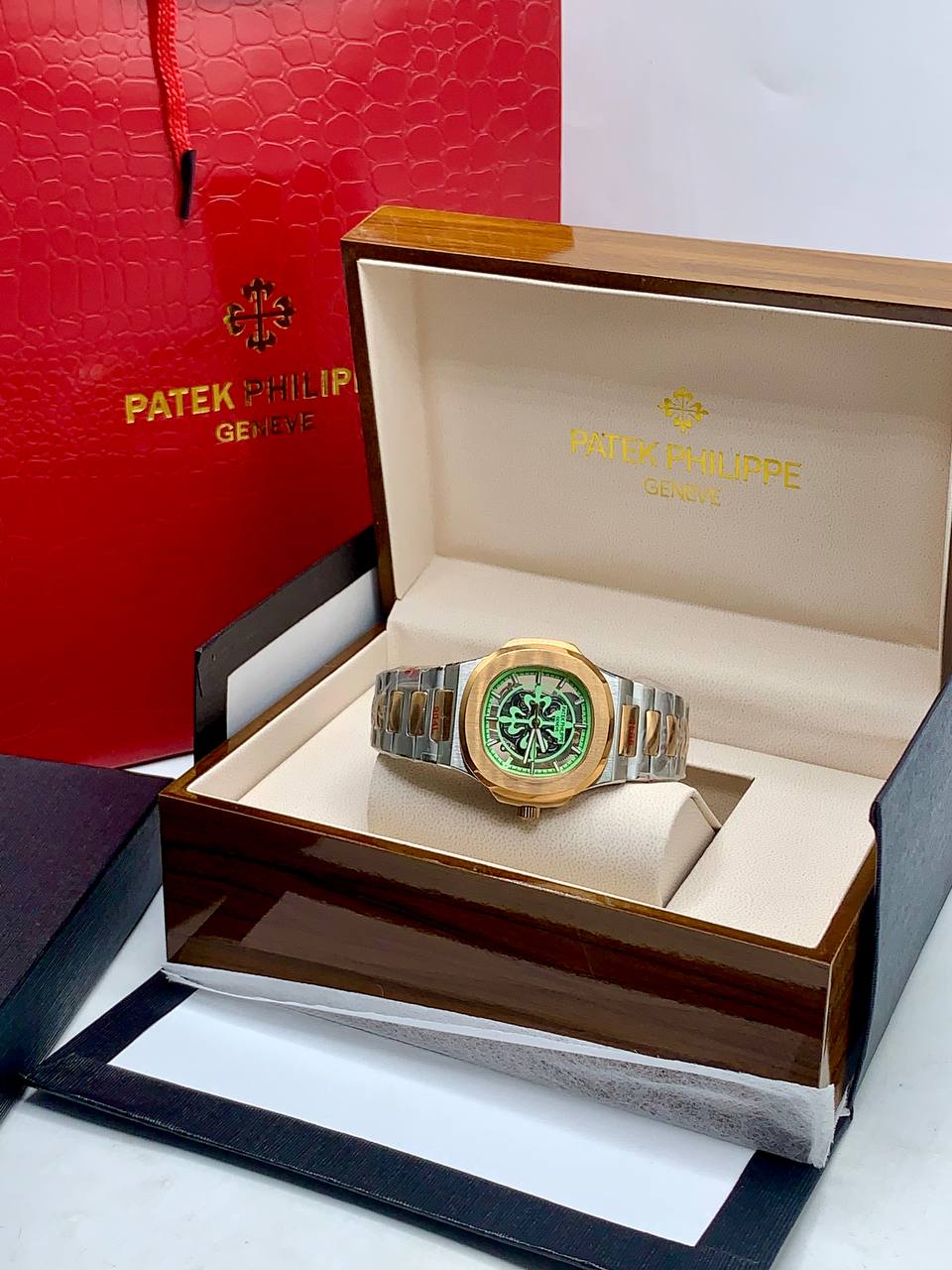Luxury Nautilus Style Automatic Watch – Green Skeleton Dial Two Tone