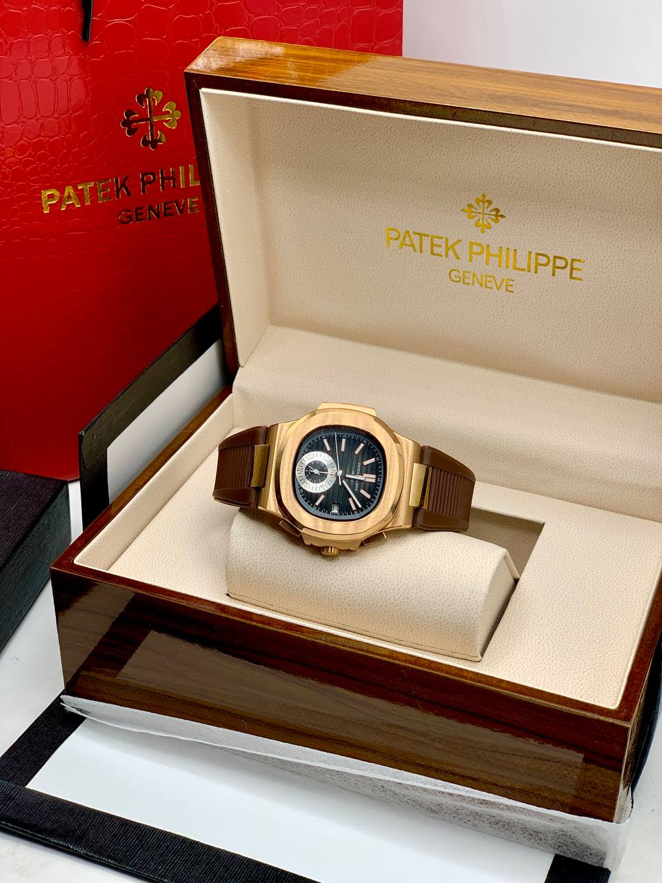 Luxury Nautilus Style Brown Rubber Strap Watch