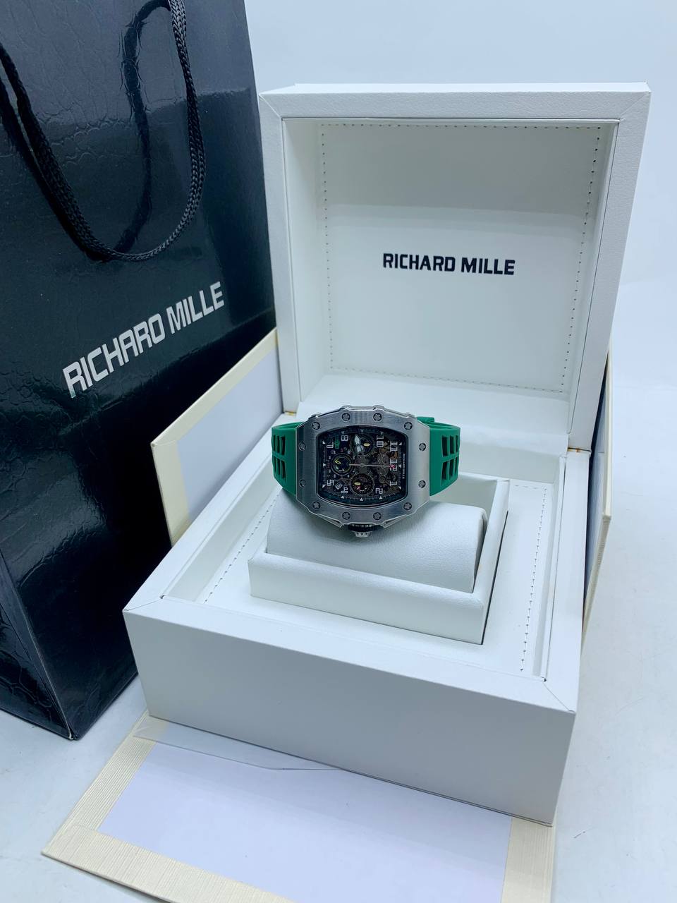 Richard Mille Skeleton Green Strap Watch