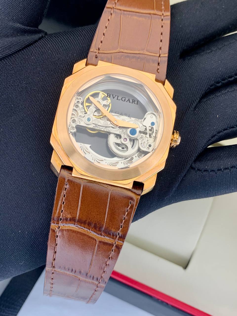 Bvlgari Skeleton Leather Strap Watch