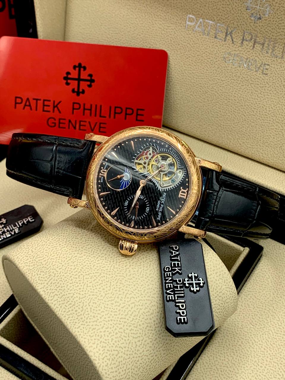 Patek Philippe Tourbillon Moonphase Leather Strap Watch