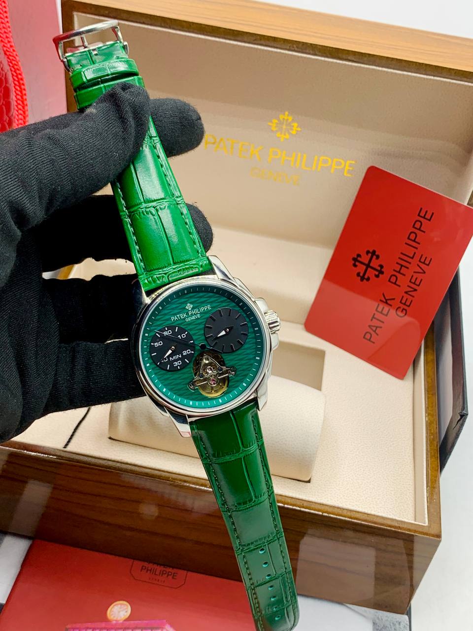 Patek Philippe Tourbillon Green Dial Leather Strap Watch