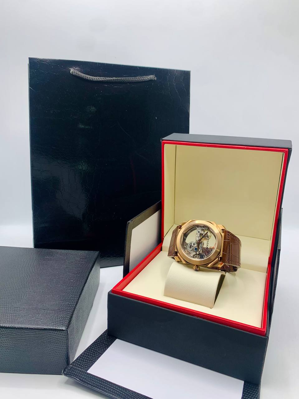 Bvlgari Skeleton Leather Strap Watch