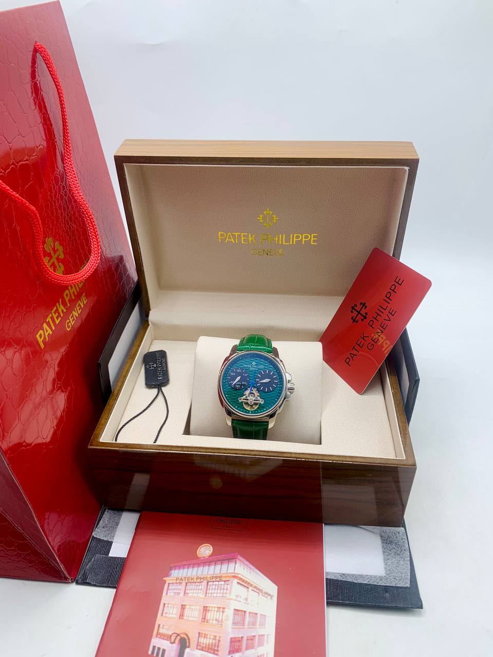 Patek Philippe Tourbillon Green Dial Leather Strap Watch