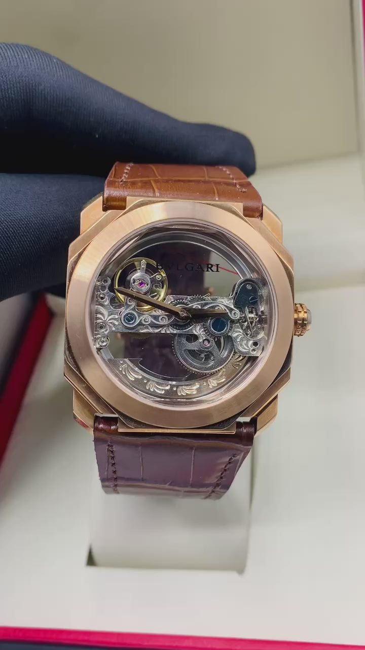 Bvlgari Skeleton Leather Strap Watch