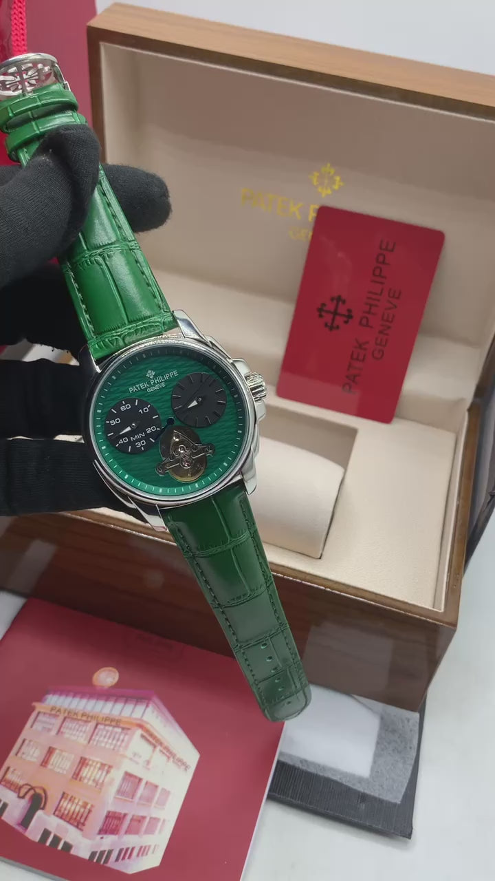 Patek Philippe Tourbillon Green Dial Leather Strap Watch