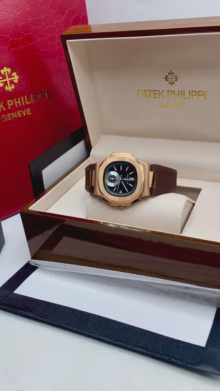 Luxury Nautilus Style Brown Rubber Strap Watch